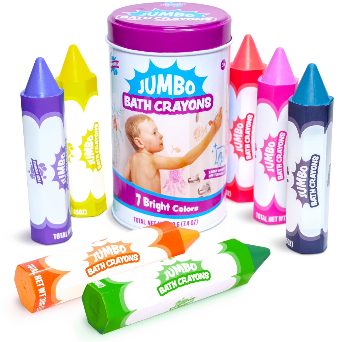 Tub Works front packaging showing seven colorful jumbo bath crayons for easy selection