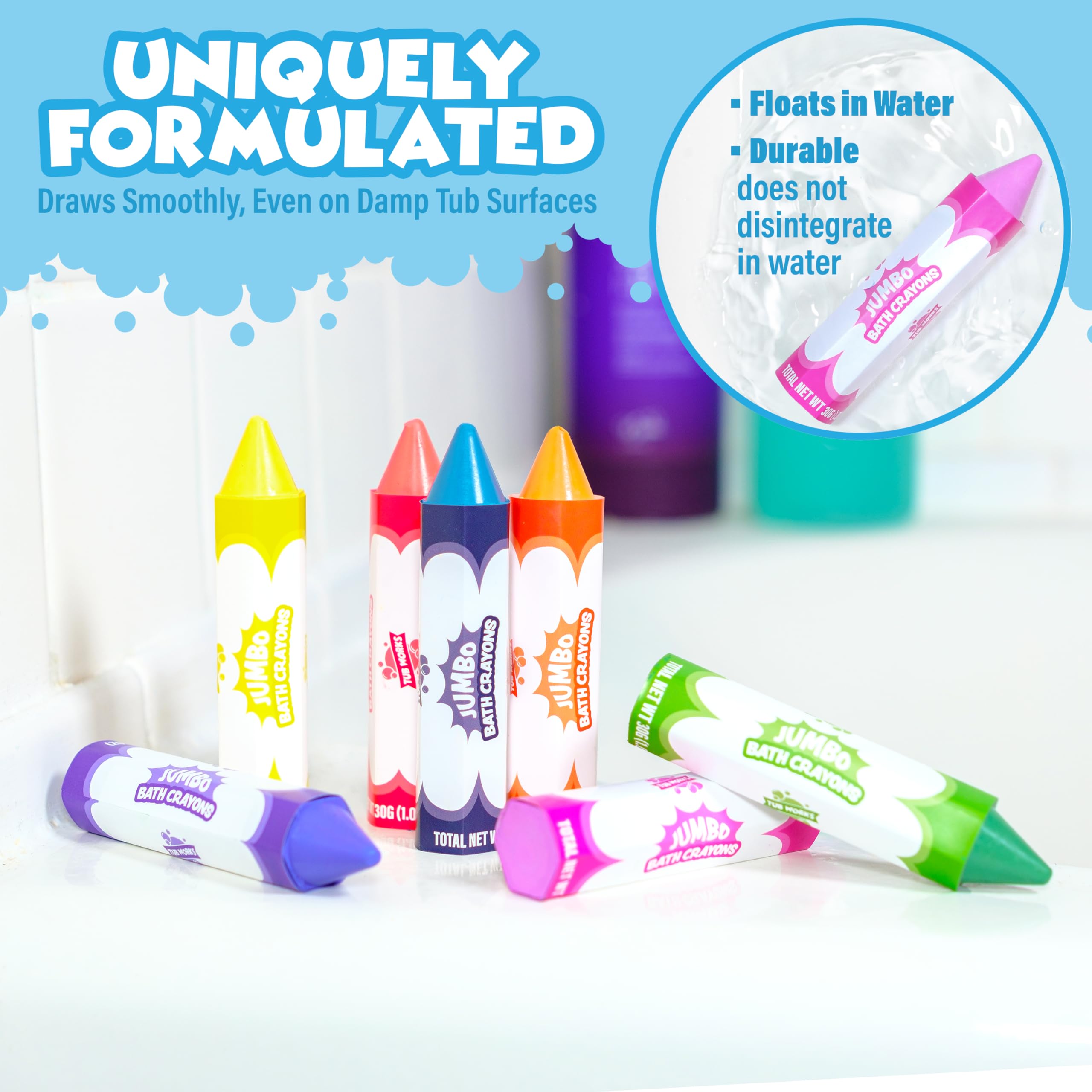 Waterproof wrapper on a Tub Works crayon highlighting clean handling and protection