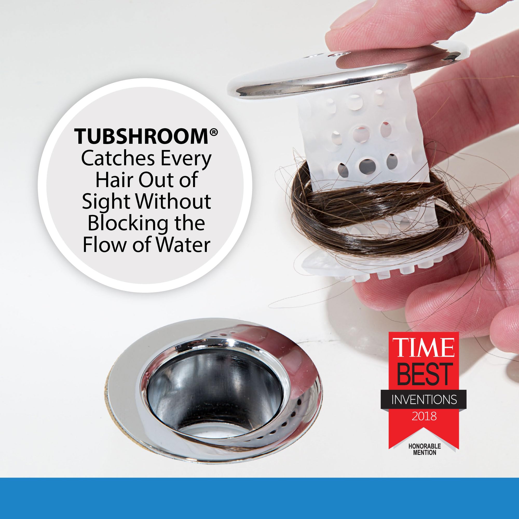 Close-up of chrome TubShroom texture highlighting durable finish and stain resistance benefit