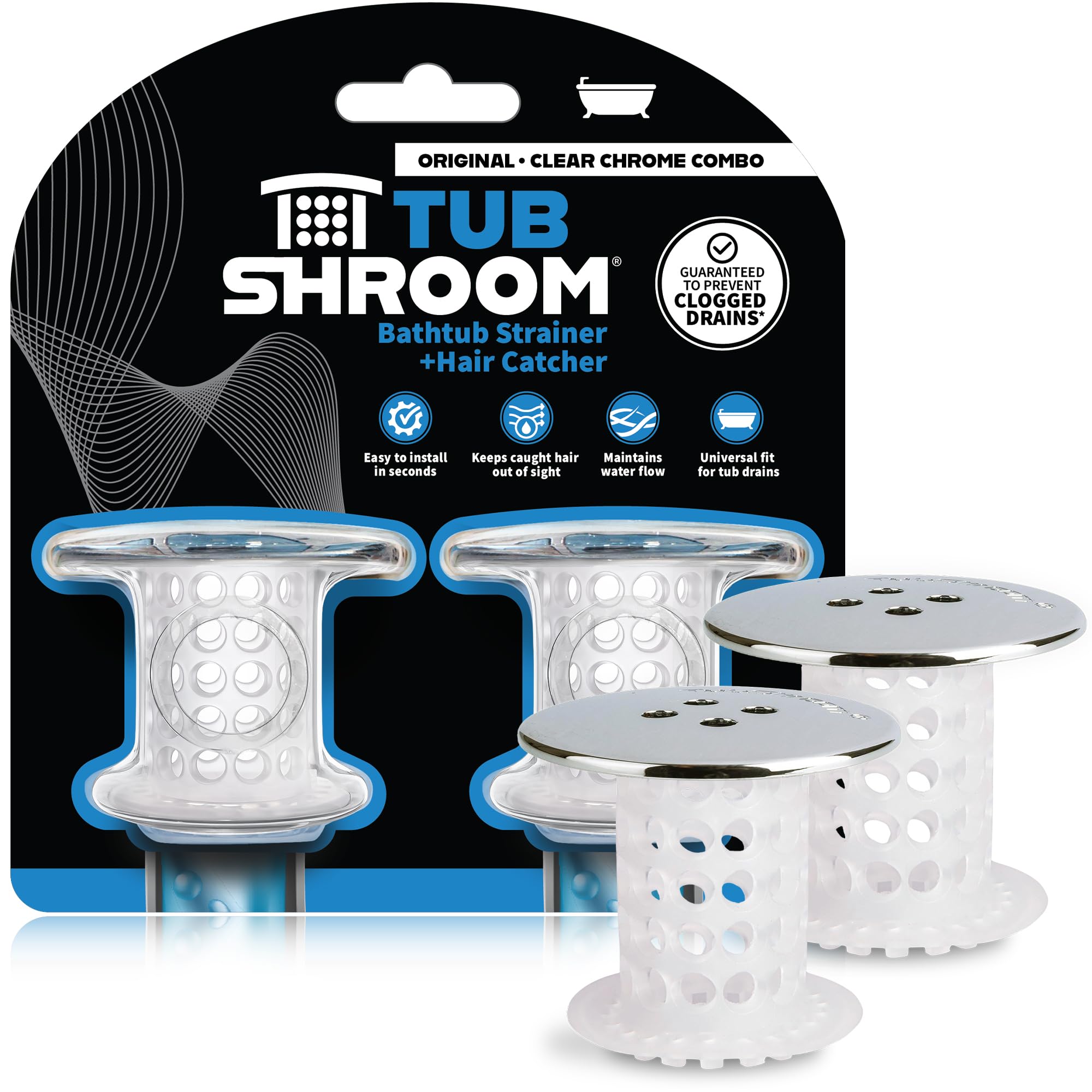 TubShroom front view of chrome two-pack showing neat packaging and benefit of clog prevention