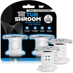 TubShroom front view of chrome two-pack showing neat packaging and benefit of clog prevention