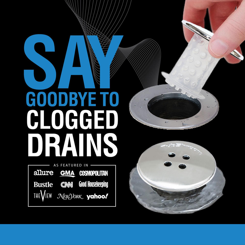 TubShroom installed inside a bathtub drain showing brand and improved water flow