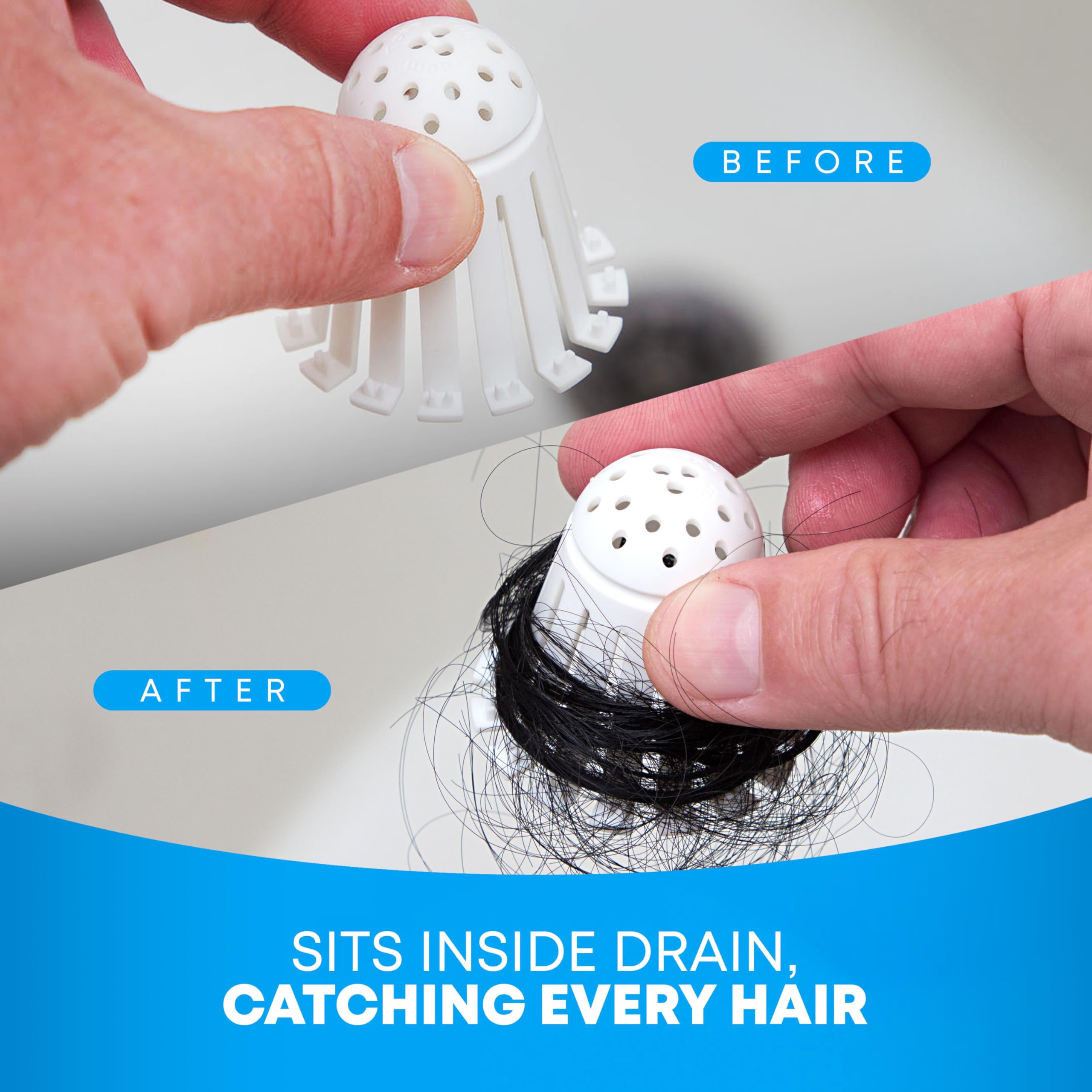 TubShroom Toss installed in tub drain capturing hair for easy removal
