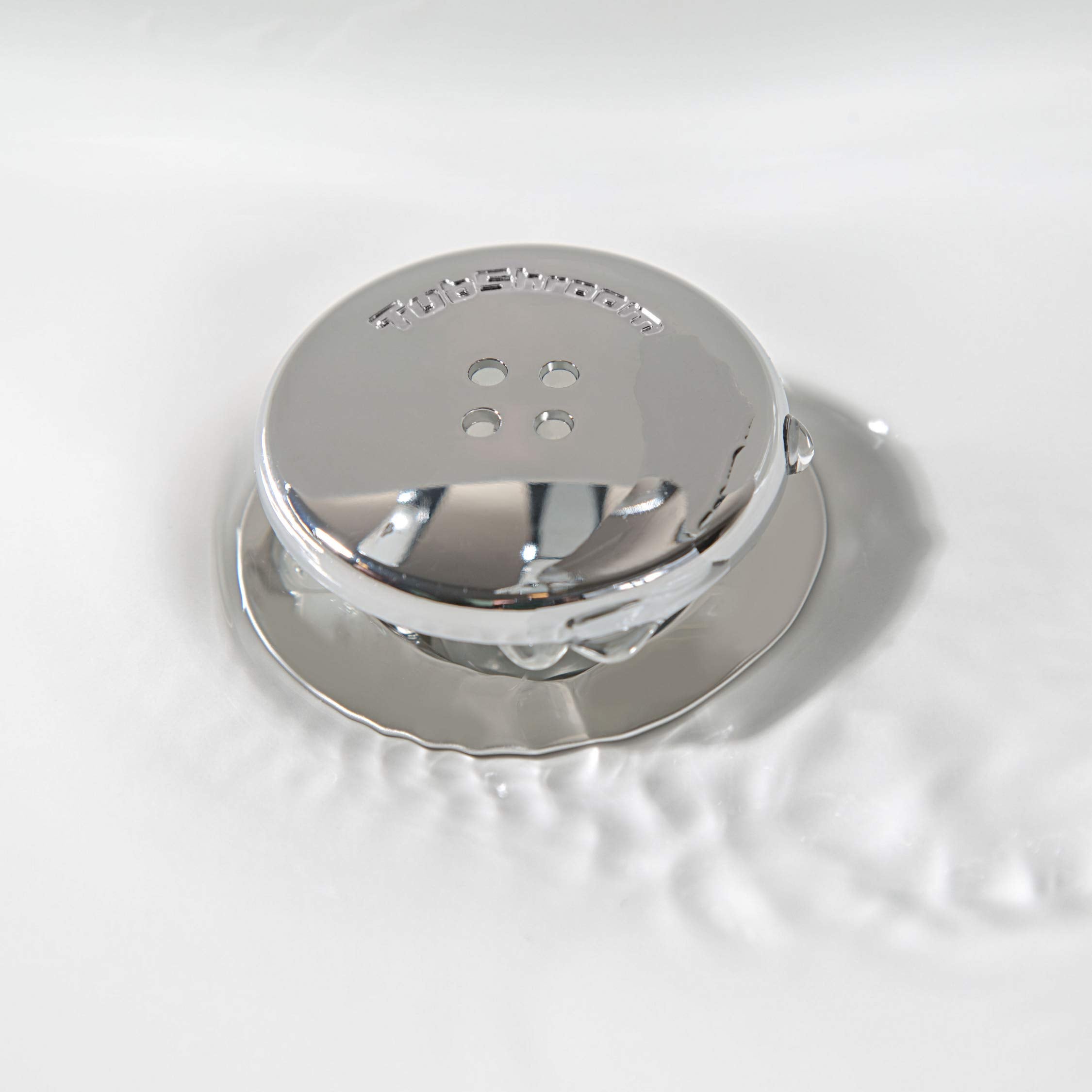TubShroom with collected pet hair example showing brand and pet-hair protection benefit