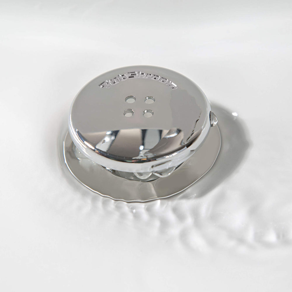 TubShroom with collected pet hair example showing brand and pet-hair protection benefit