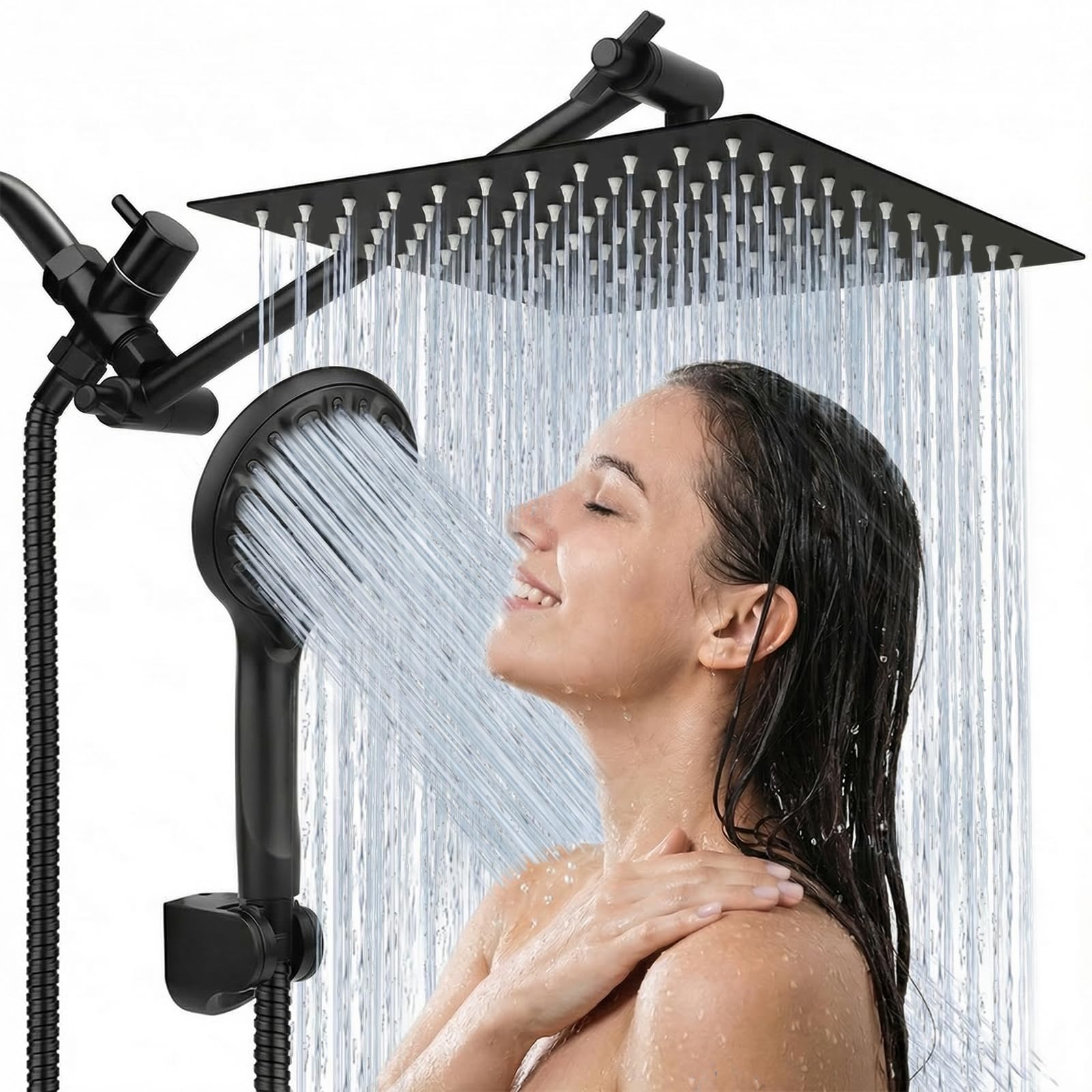 Tudoccy front view of matte black shower combo showing modern design and full coverage