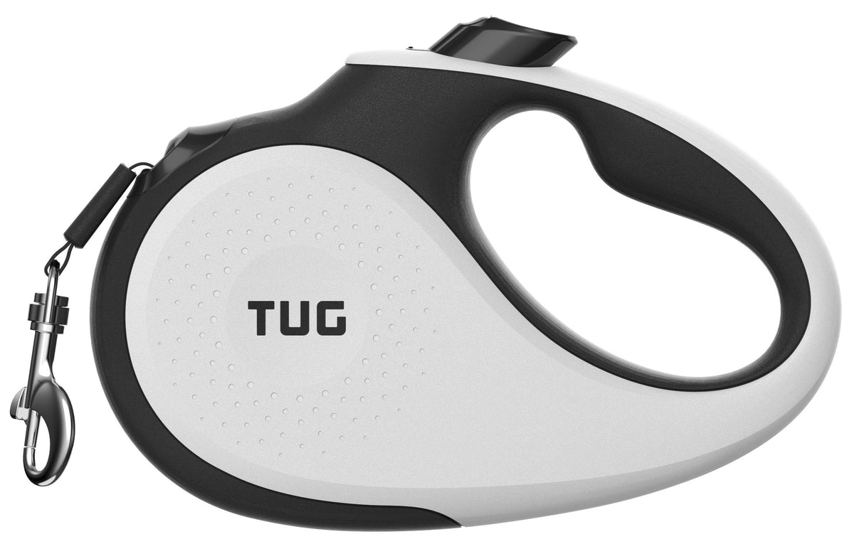 TUG retractable leash front view showing white housing and compact design for easy control