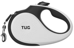 TUG retractable leash front view showing white housing and compact design for easy control
