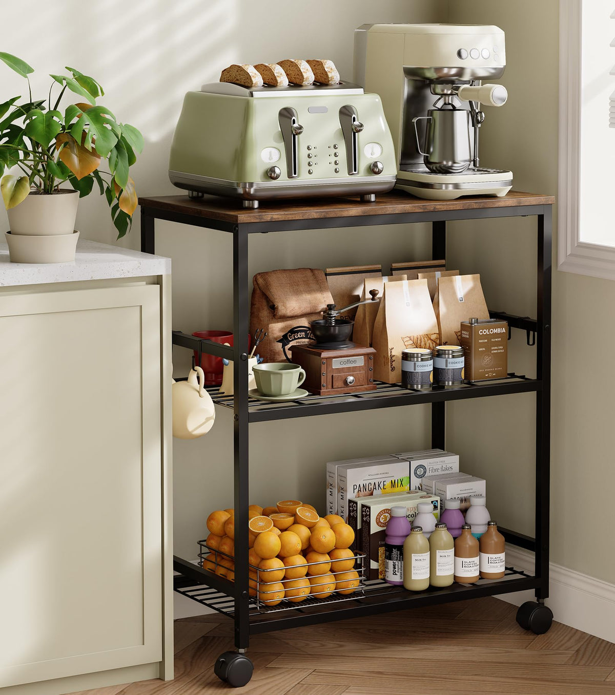 Tujurich front view showing stable microwave placement and organized shelves