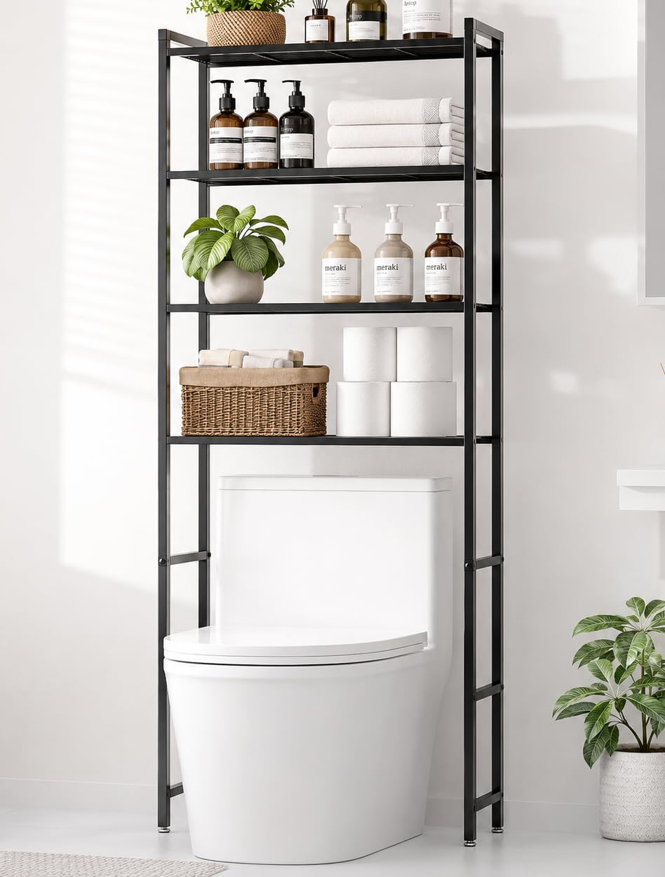 Tujurich front view over-the-toilet rack showing compact vertical storage benefit