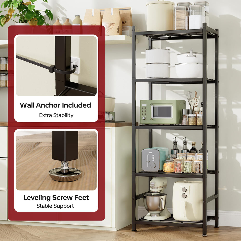 Tujurich shelf with boxes for scale illustrating narrow footprint saves floor space benefit