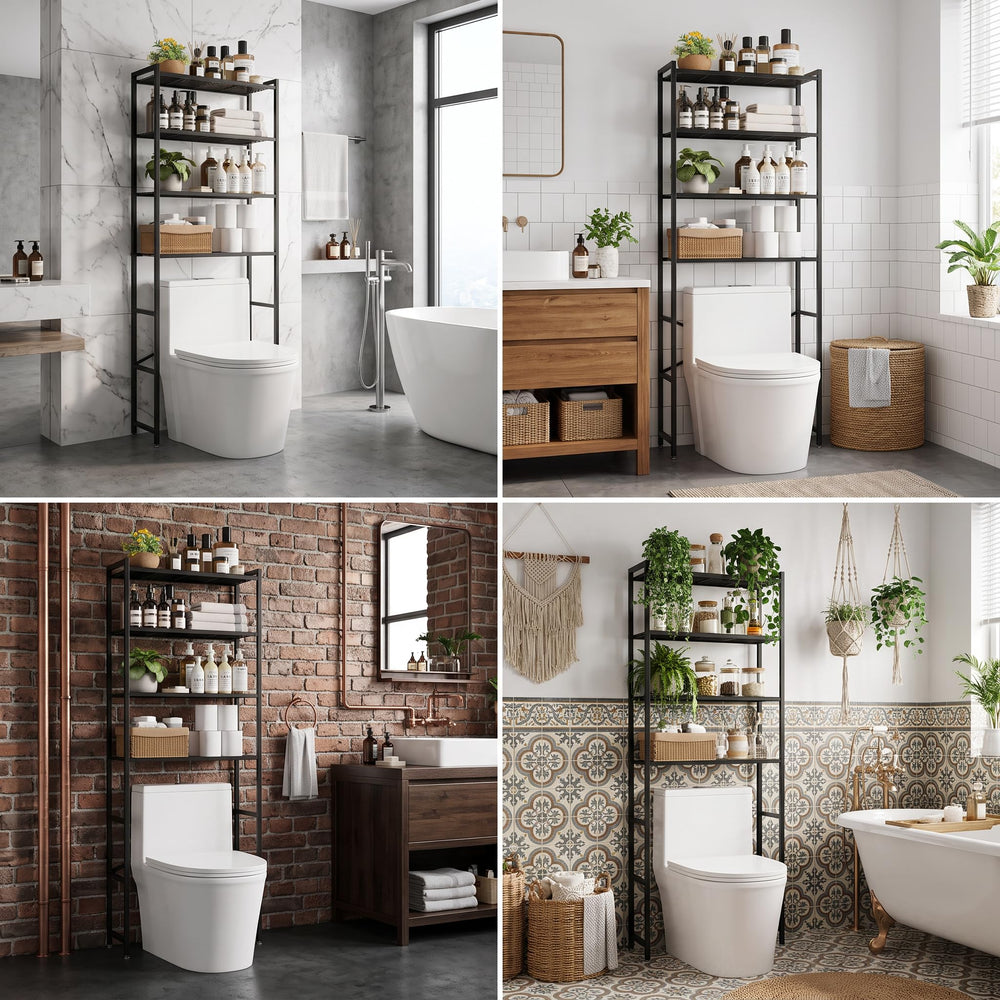 Tujurich rack beside toilet for scale showing slim footprint advantage