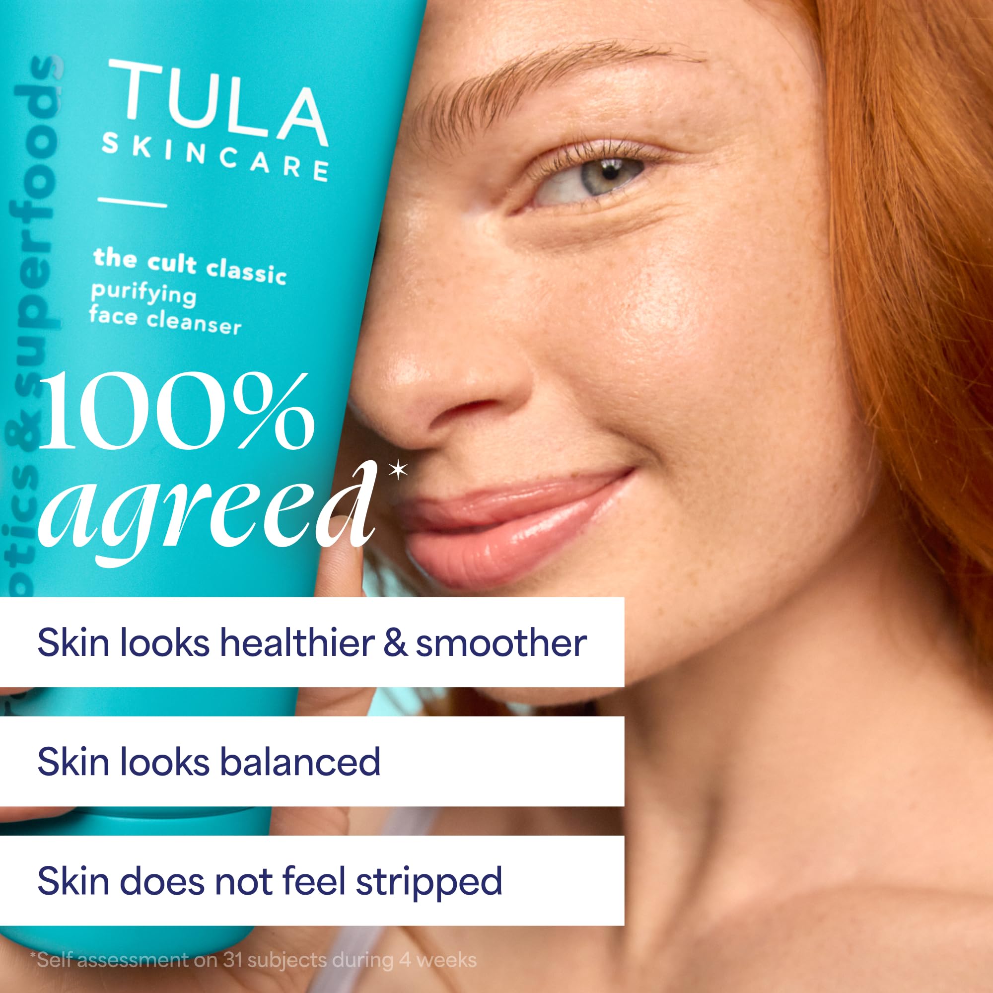 TULA cleanser pump with water splash showing fast rinse-off benefit