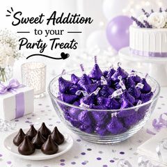 Tundras kisses arranged on a party buffet, purple foil adding themed visual impact