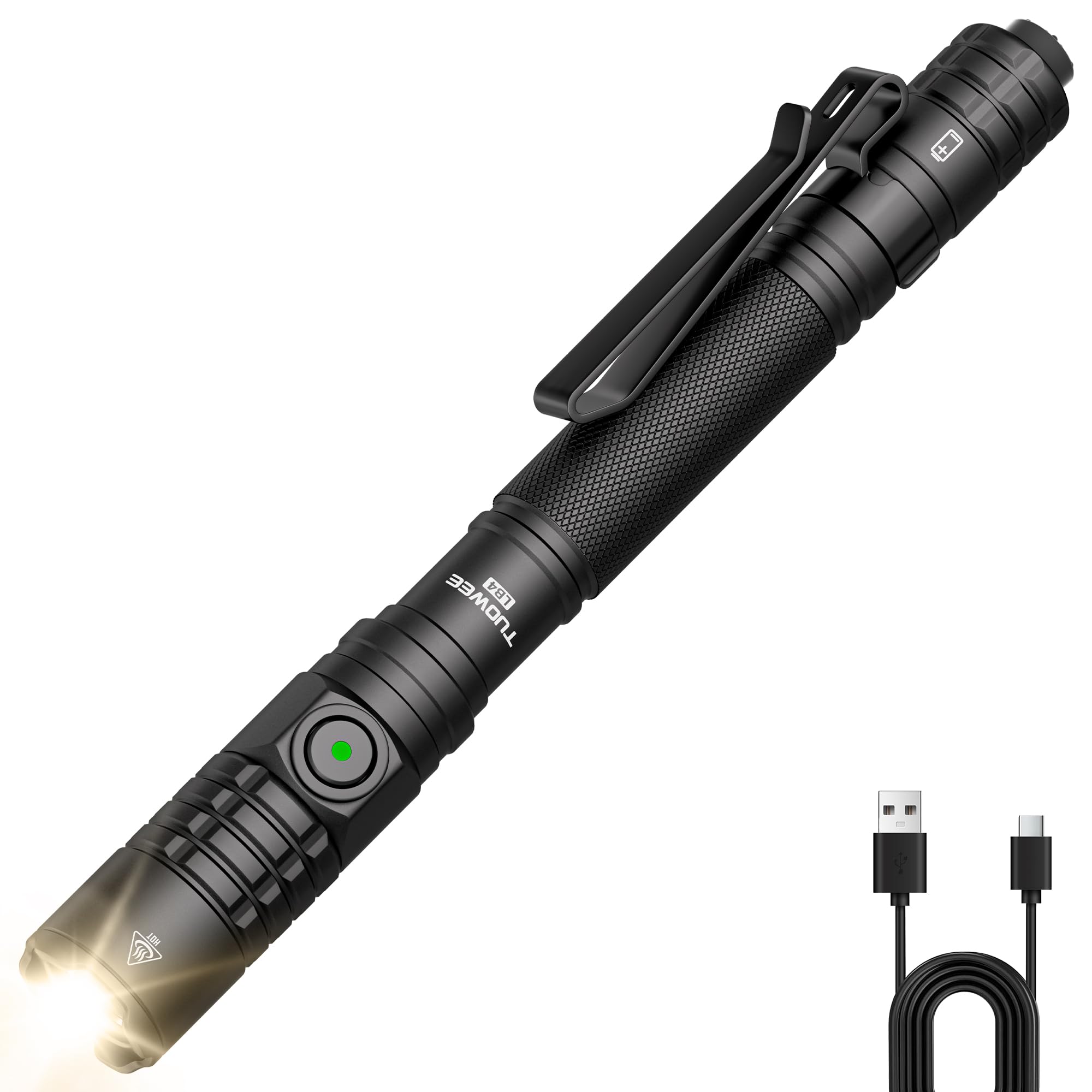 TUOWEE front packaging showing compact rechargeable tactical flashlight and features