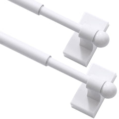 Turquoize front packaging showing two white magnetic curtain rods, easy install benefit