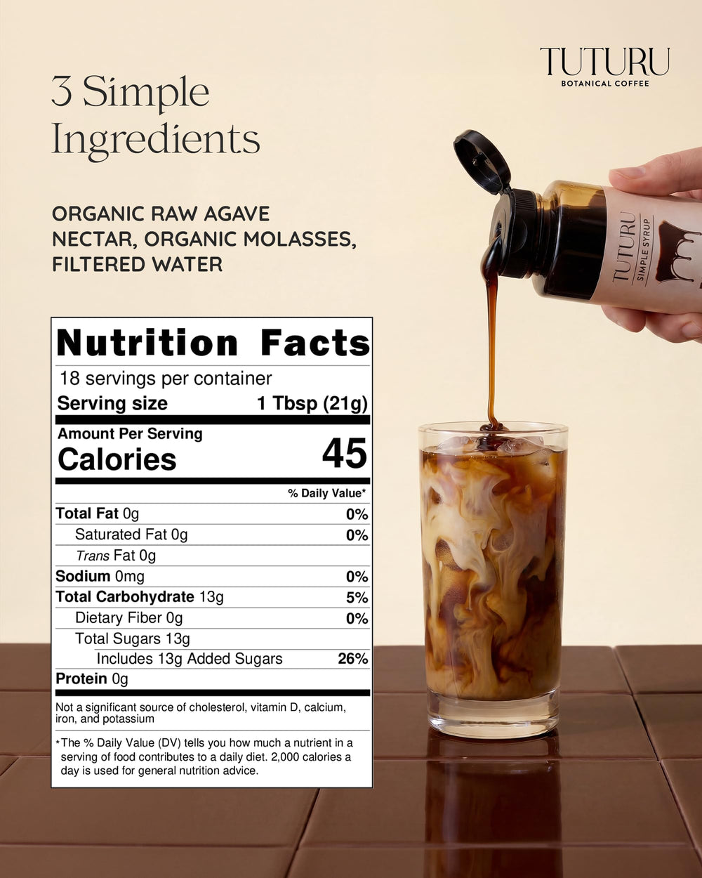 TUTURU label close-up showing molasses and agave ingredients for ingredient transparency