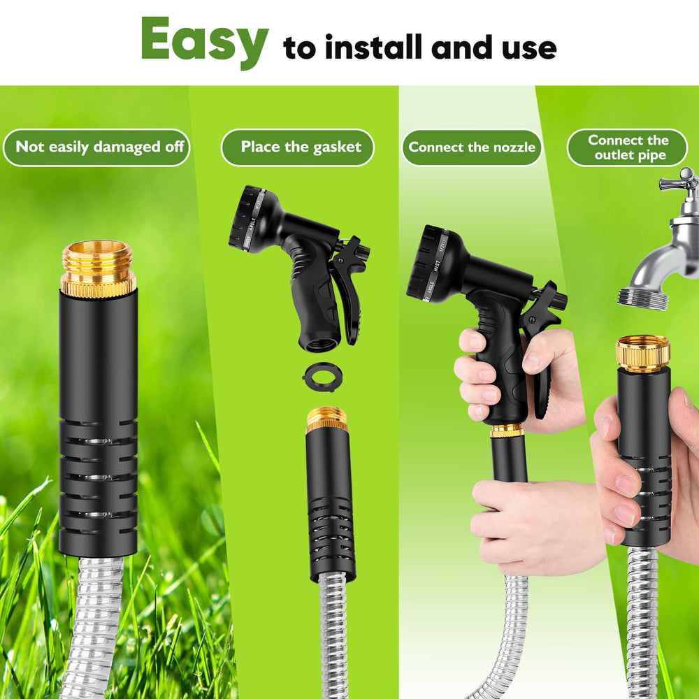 Tuzoc hose next to a foot showing 100ft scale and lightweight portability