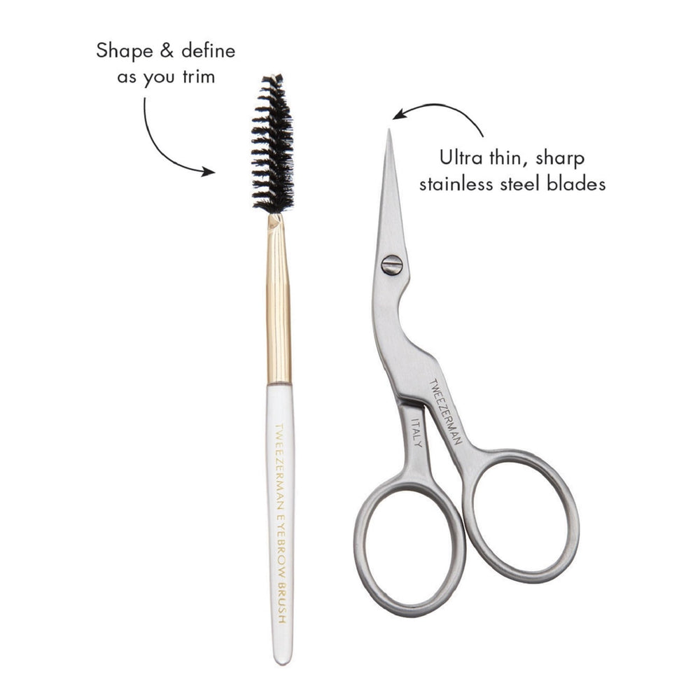 Tweezerman brush aligning brows in use for even shape and polished look