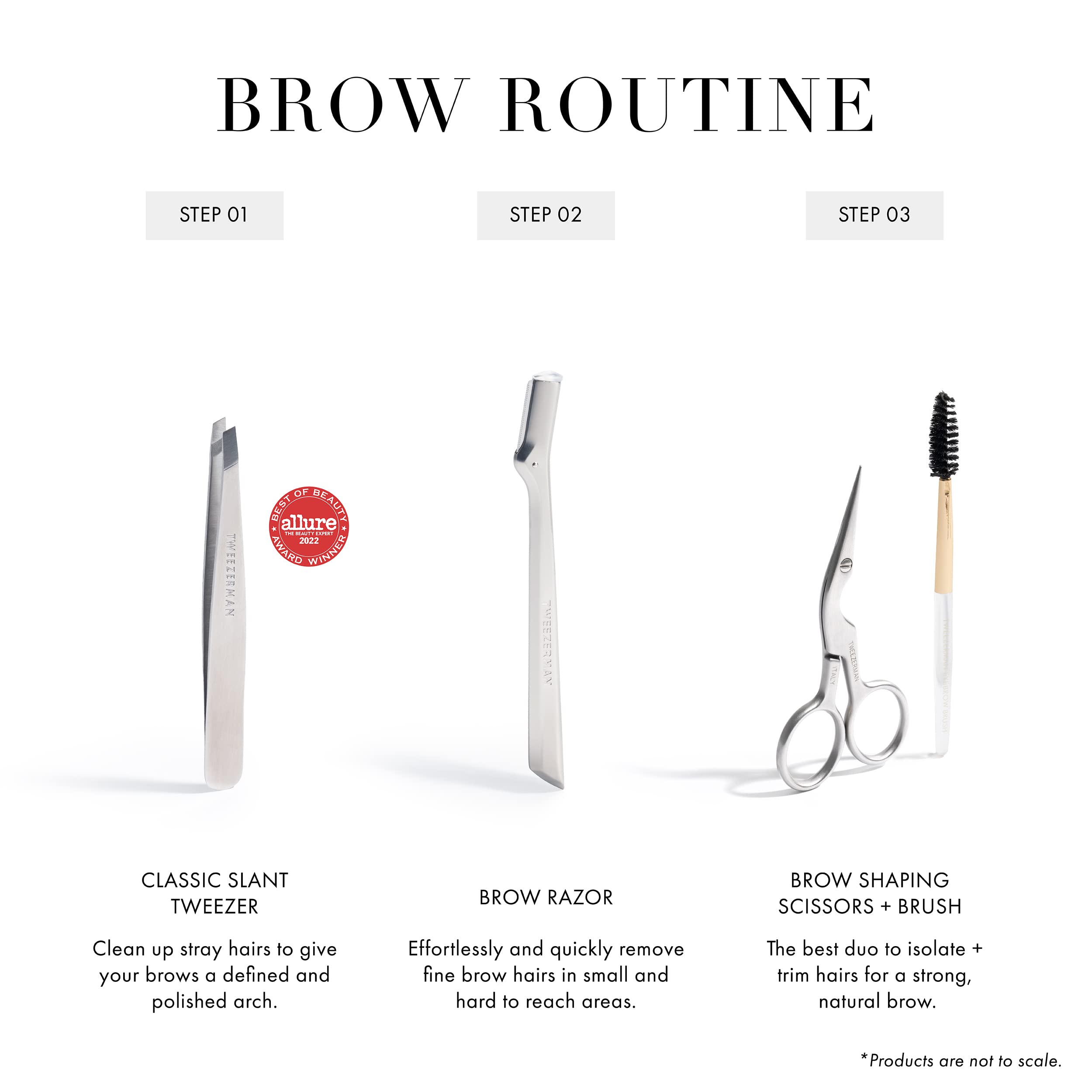 Tweezerman scissors tip lifting a single hair demonstrating precise safe trimming