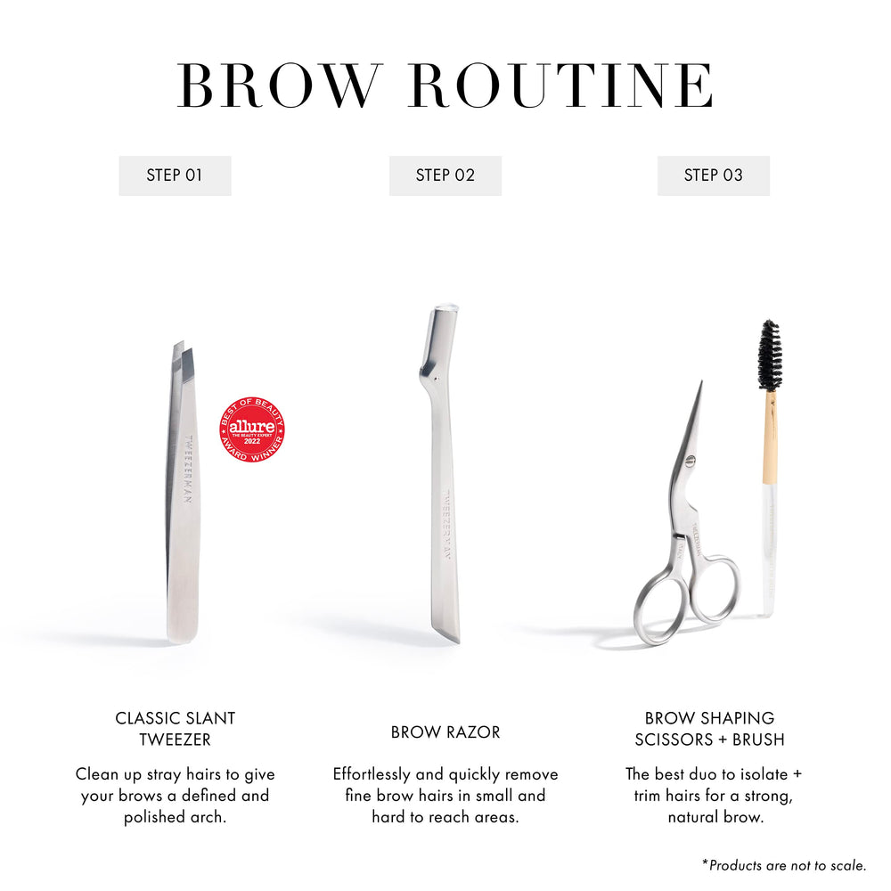 Tweezerman scissors tip lifting a single hair demonstrating precise safe trimming