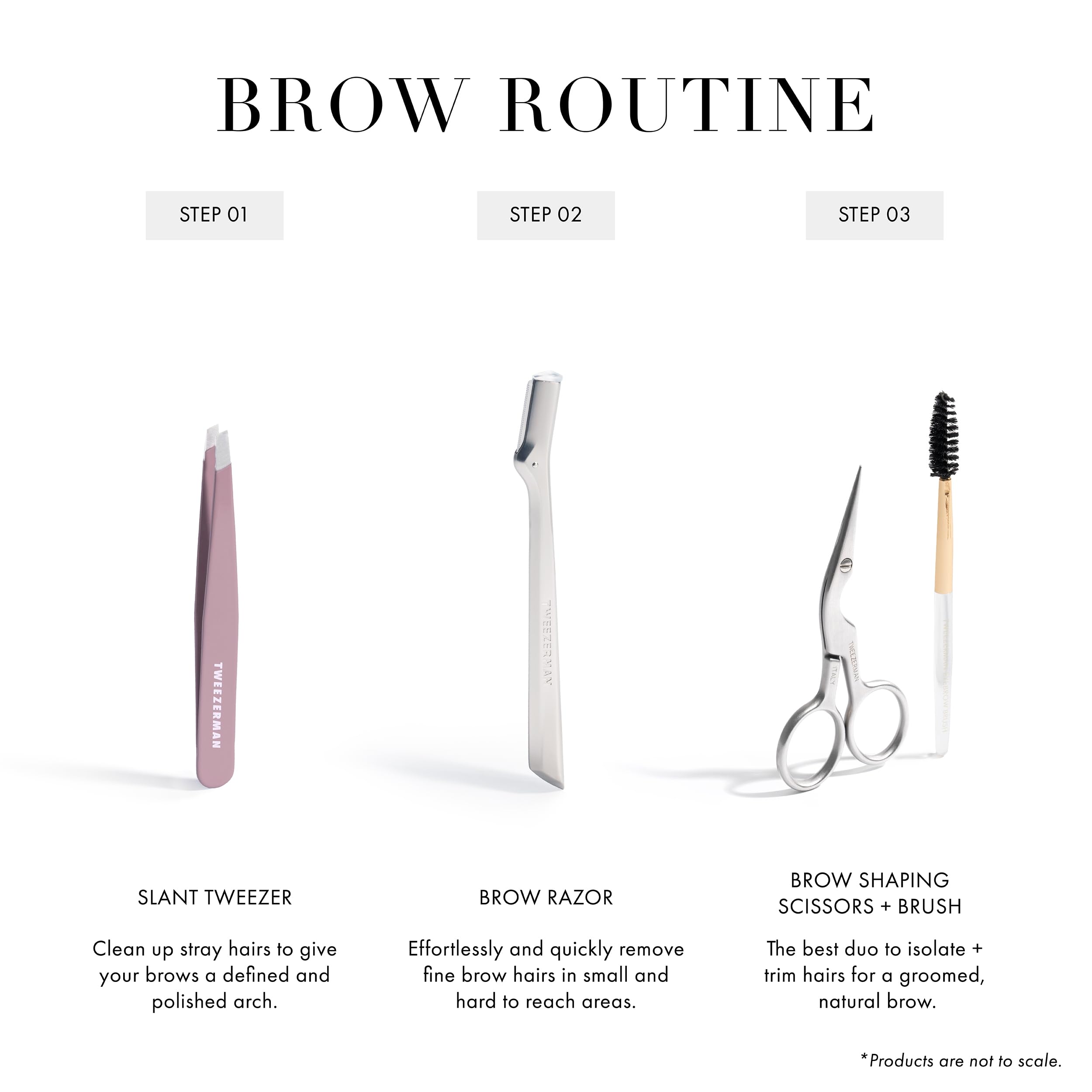 Tweezerman slant tweezer Purple Wisteria demonstrated plucking brow hair illustrating accurate root removal