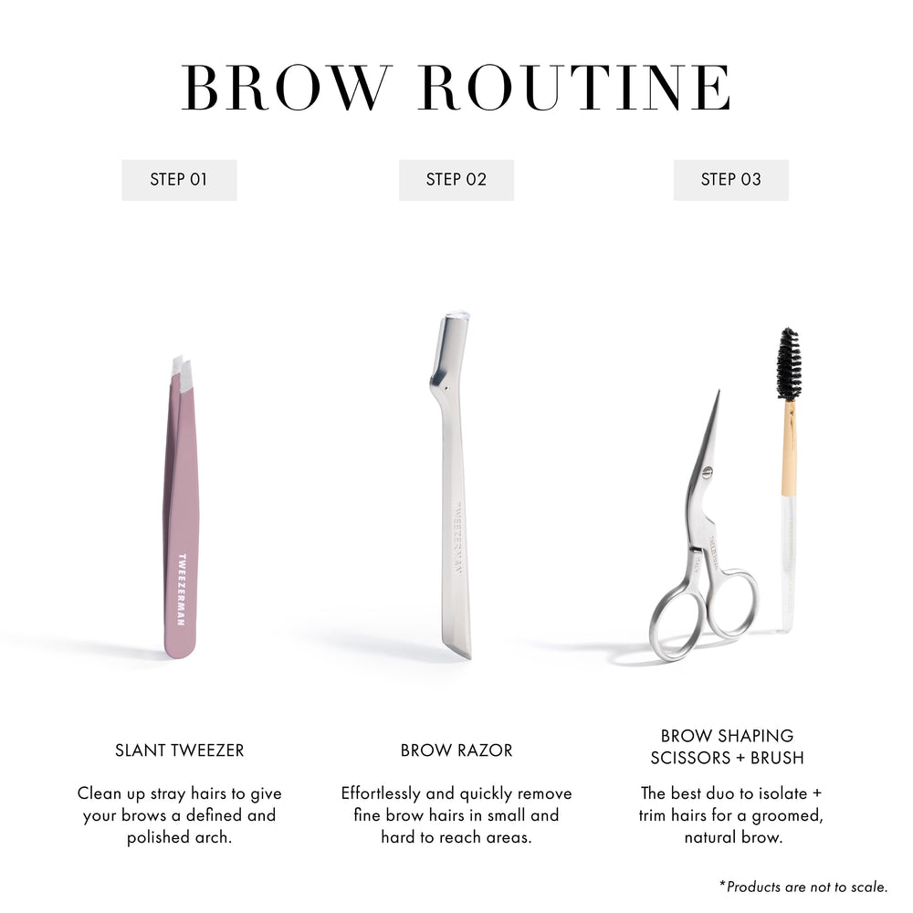 Tweezerman slant tweezer Purple Wisteria demonstrated plucking brow hair illustrating accurate root removal