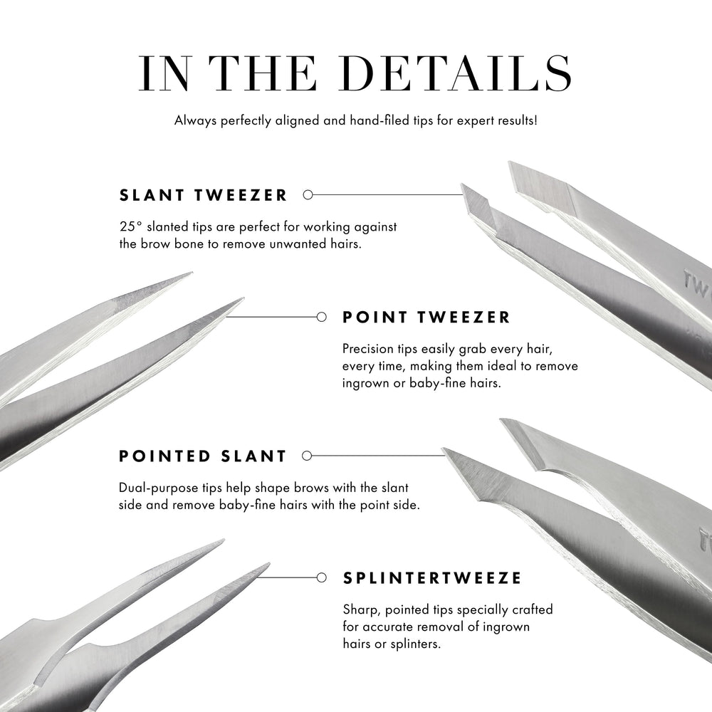 Tweezerman slant tweezer Purple Wisteria beside makeup tools showing kit compatibility and styling convenience