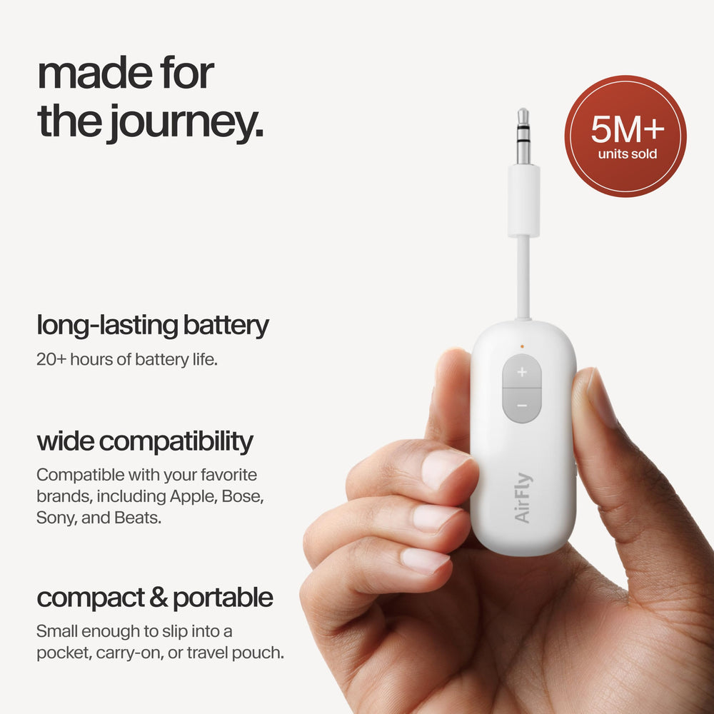 Twelve South AirFly SE plugged into airplane seatback jack offering wireless headphone freedom