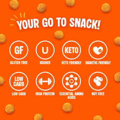TWIN PEAKS INGREDIENTS open bag revealing crunchy Nacho Cheese protein puffs for convenience