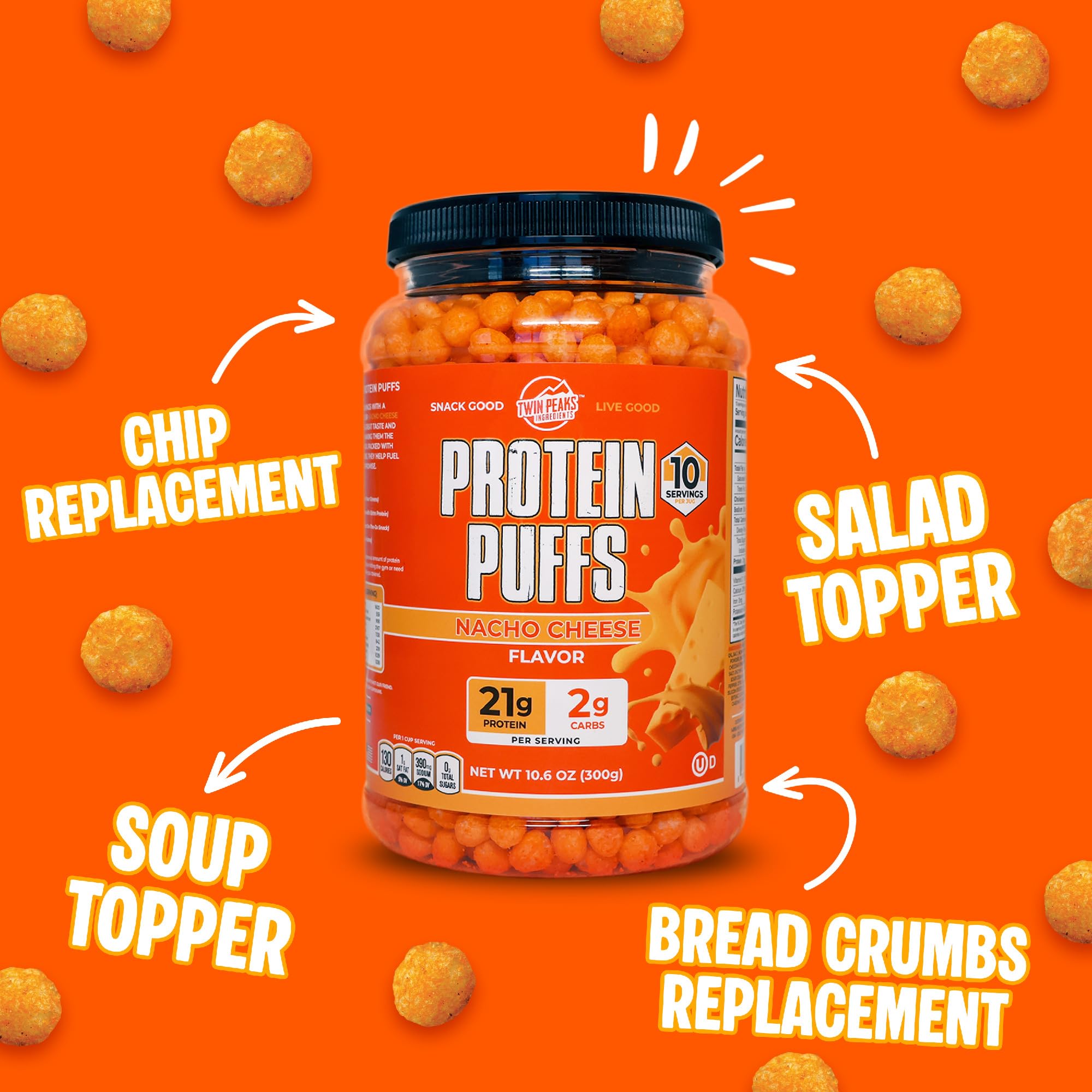 TWIN PEAKS INGREDIENTS Nacho Cheese puffs in a bowl ready to serve as a healthy snack
