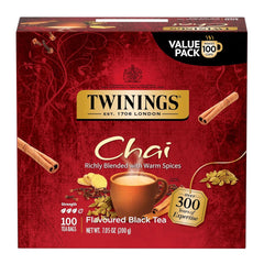 Twinings front packaging showing 100-count chai teabags and brand clarity