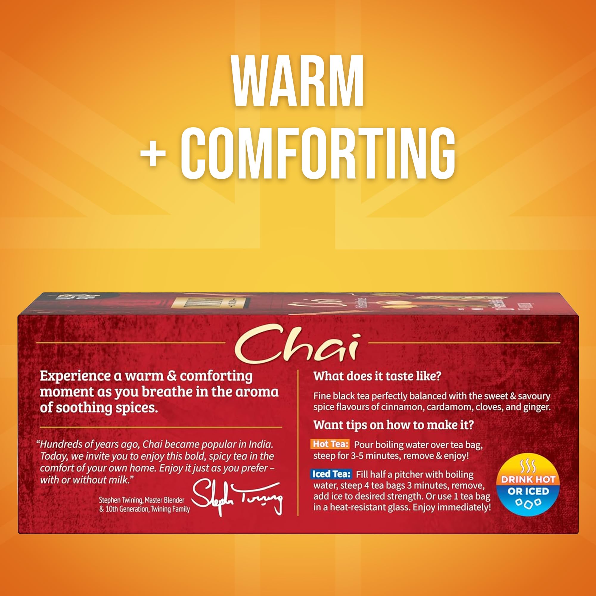 Twinings individually wrapped chai teabag emphasizing freshness and portability