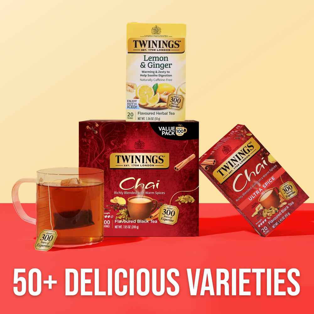 Twinings box beside a hand for scale showing 100 teabags and convenience