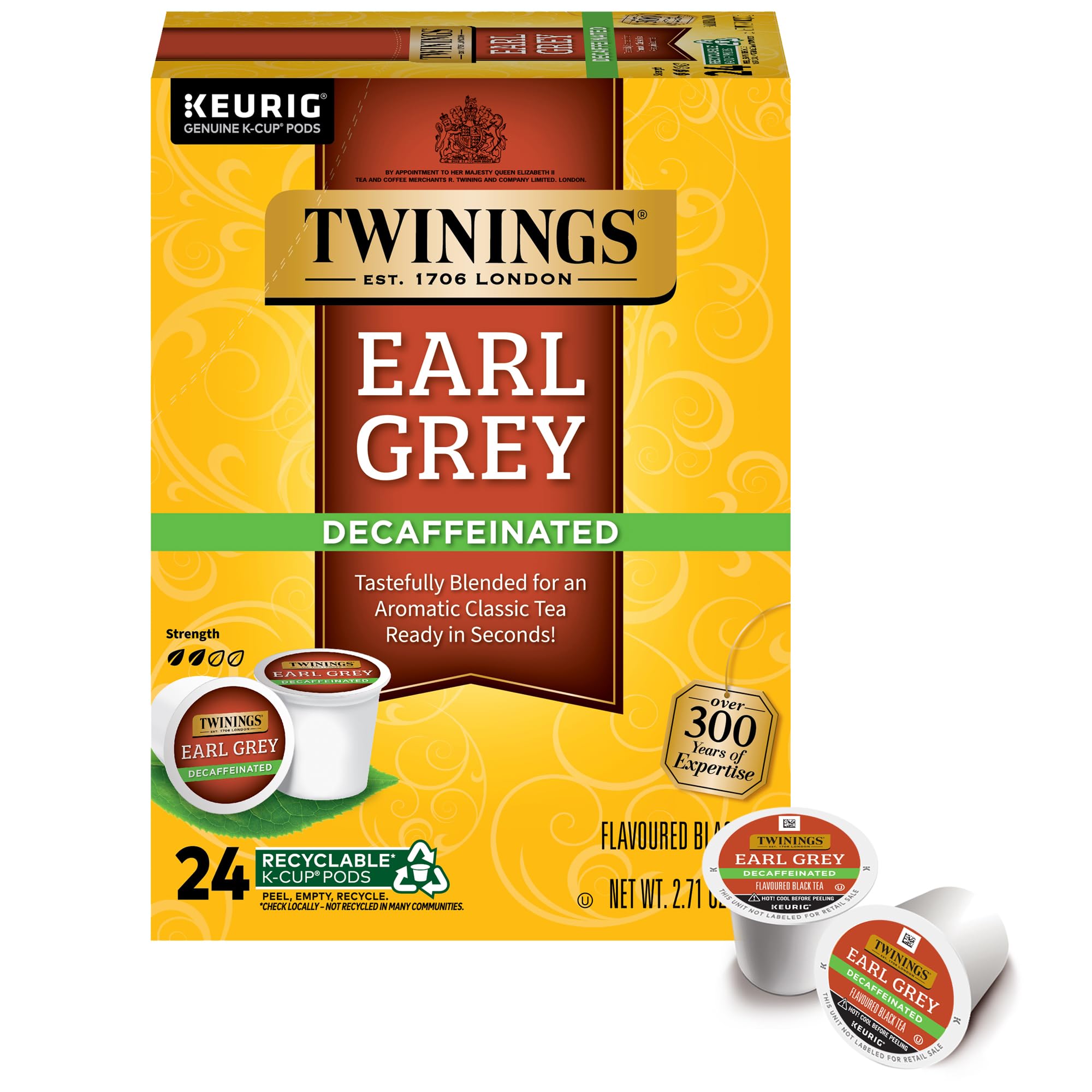 Twinings front packaging showing 24 decaf Earl Grey pods and convenience