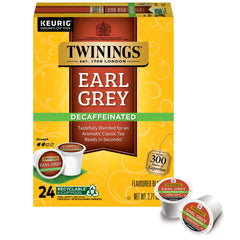 Twinings front packaging showing 24 decaf Earl Grey pods and convenience