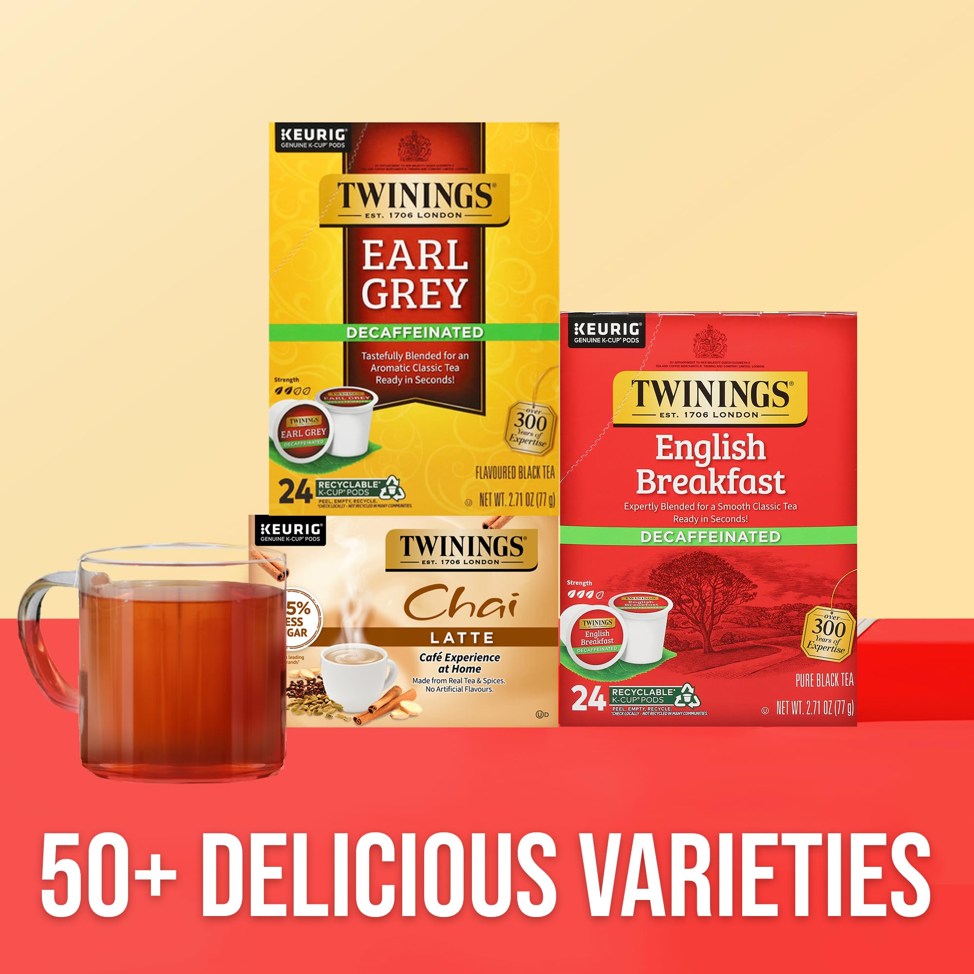 K-Cup next to a hand demonstrating Twinings single-serve portion sizing benefit