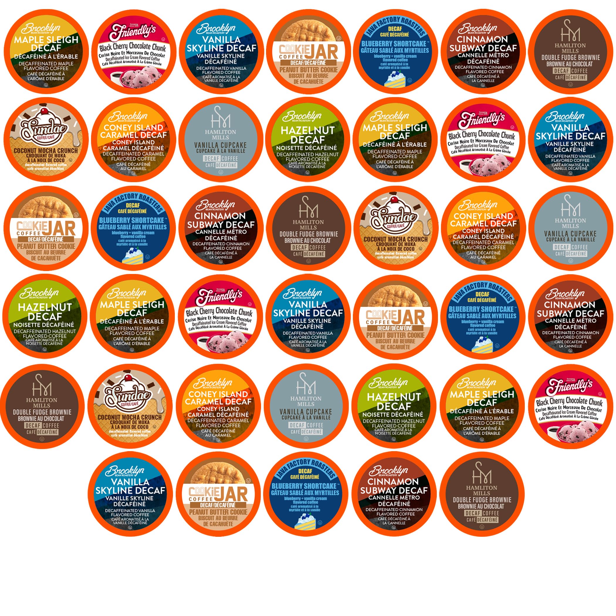 Two Rivers Coffee box front showing assorted decaf pods and flavorful variety