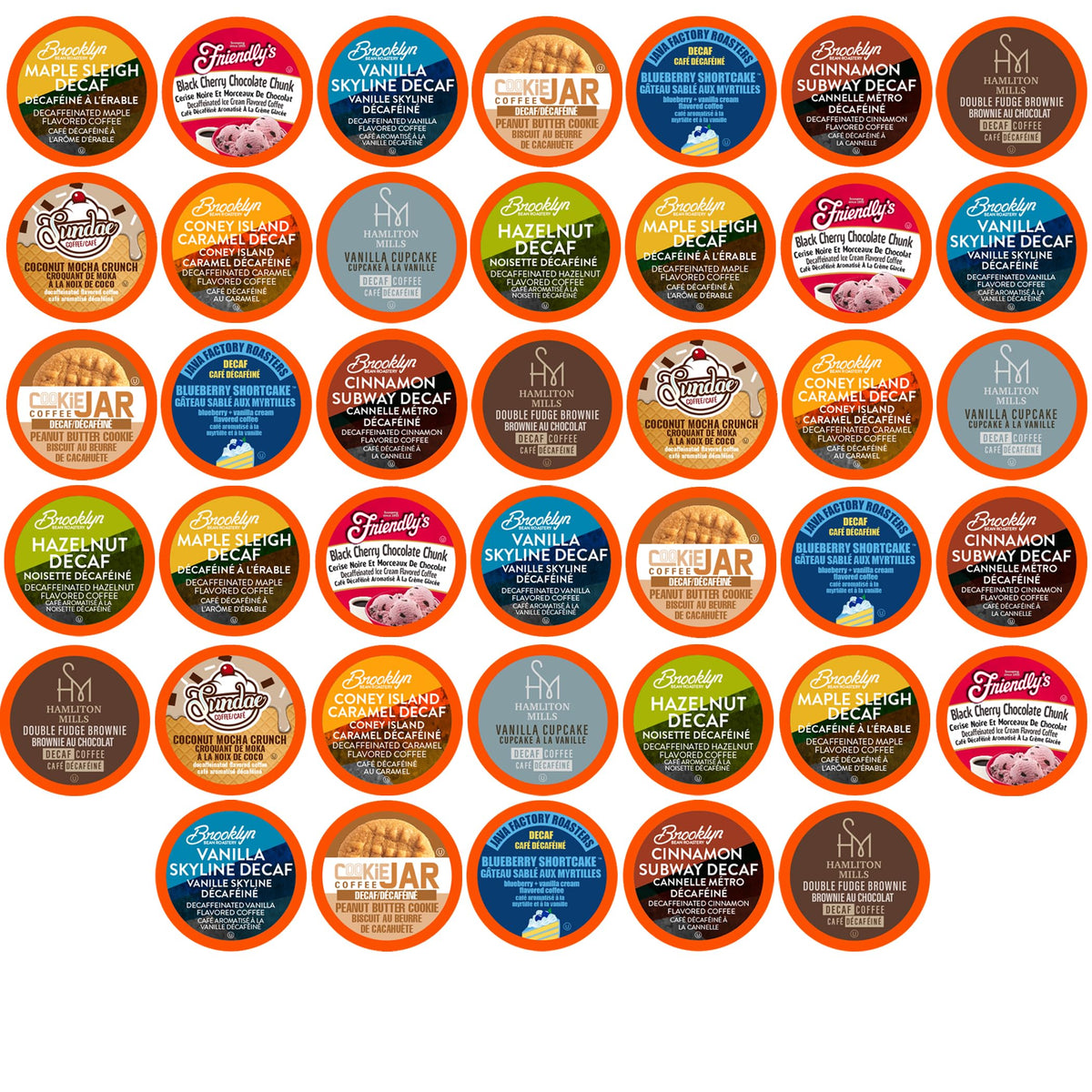 Two Rivers Coffee box front showing assorted decaf pods and flavorful variety
