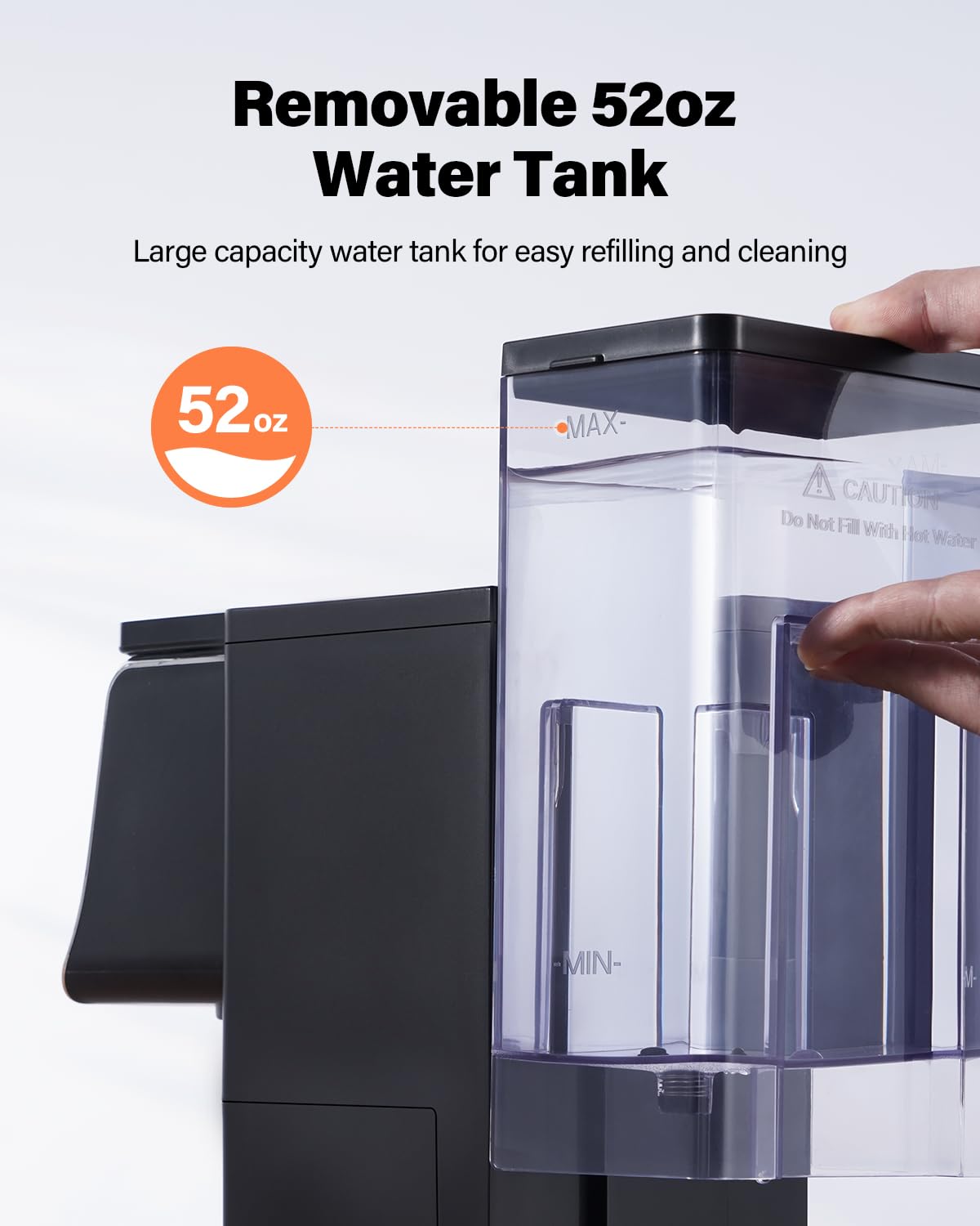 TWOMEOW removable 52 oz water tank for fewer refills and easy cleaning benefit
