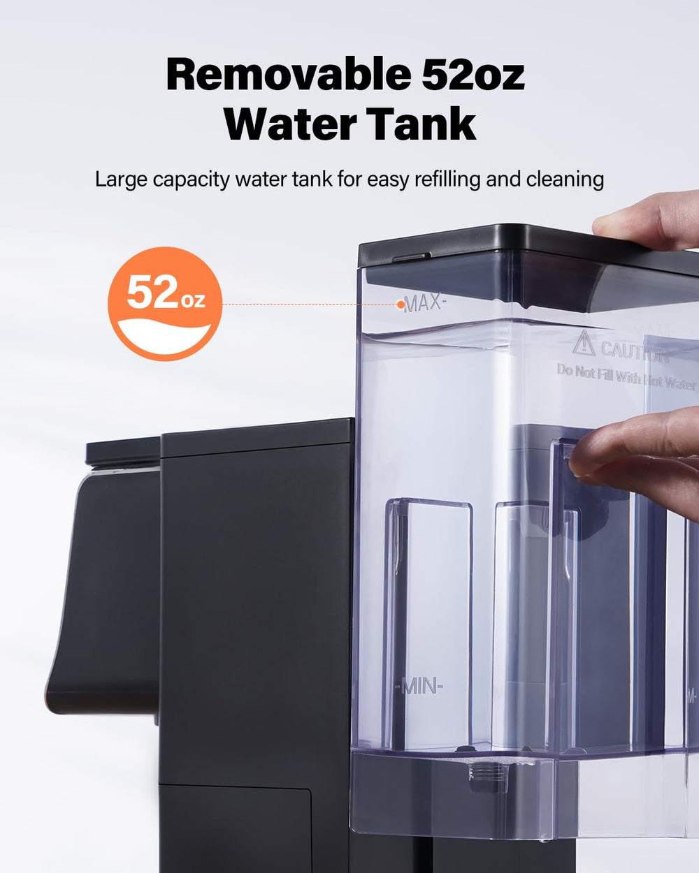 TWOMEOW removable 52 oz water tank for fewer refills and easy cleaning benefit