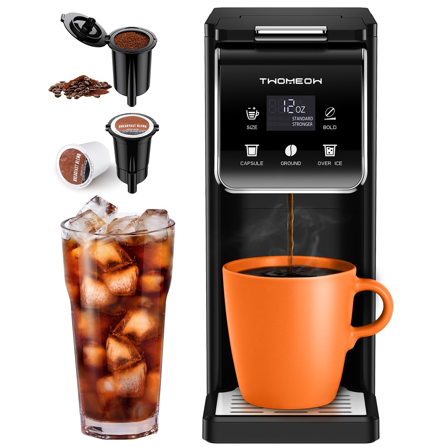 TWOMEOW front view of coffee maker showing compact profile and fast brewing benefit