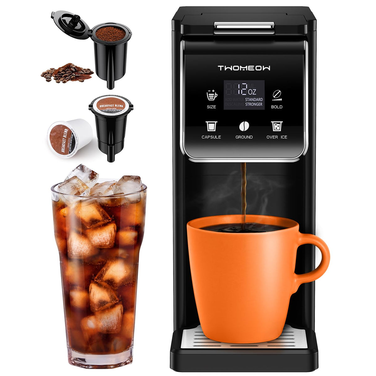 TWOMEOW front view of coffee maker showing compact profile and fast brewing benefit