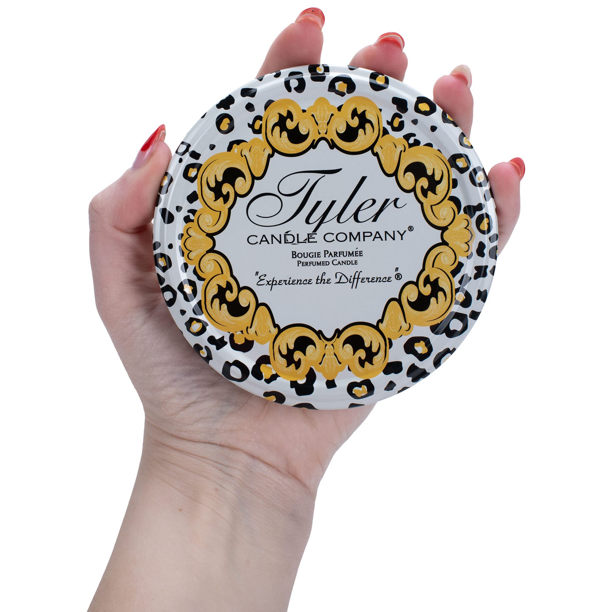 TYLER CANDLE COMPANY hand-poured label close-up highlighting craftsmanship
