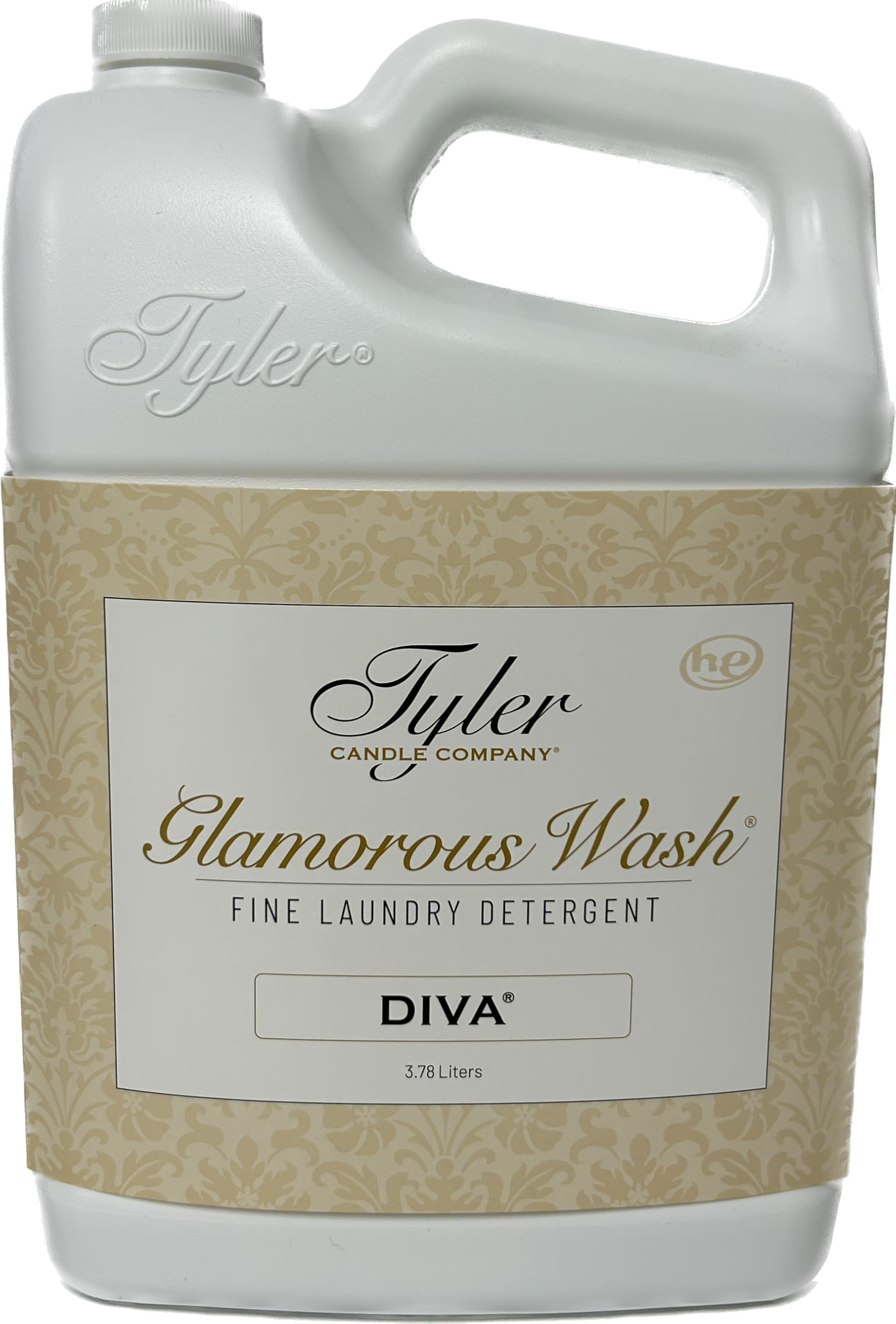 TYLER CANDLE COMPANY gallon front label showing Diva scent and capacity for confident purchase