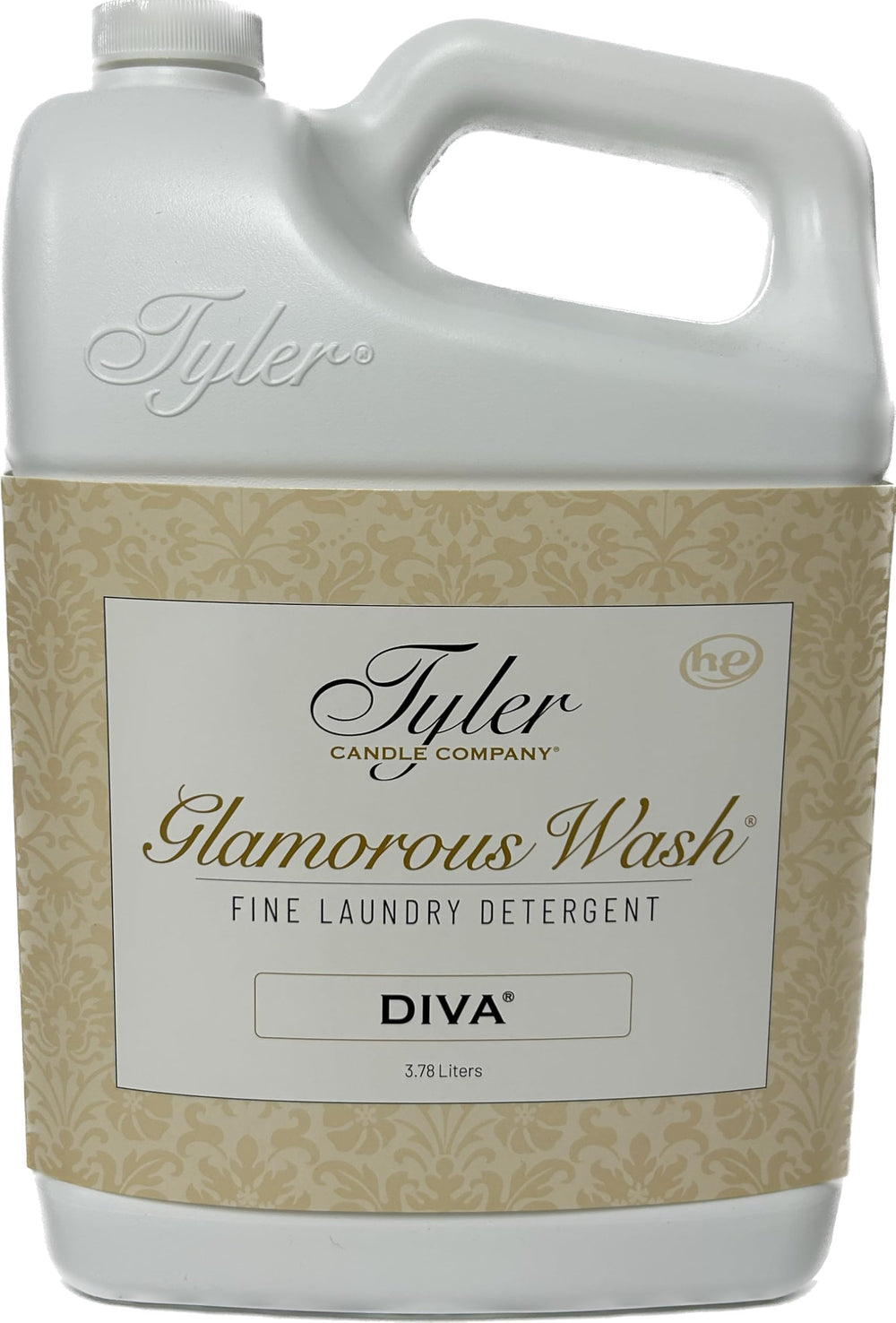 TYLER CANDLE COMPANY gallon front label showing Diva scent and capacity for confident purchase