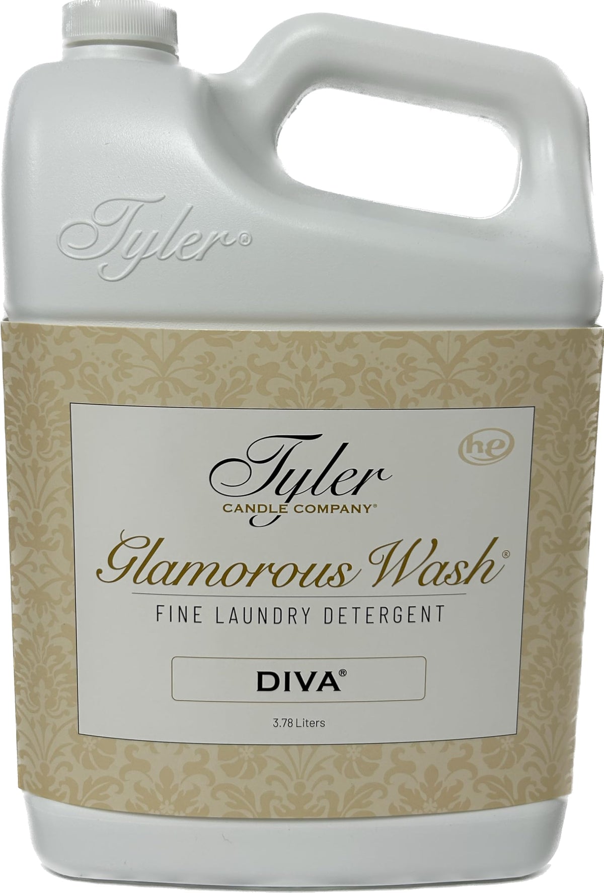 TYLER CANDLE COMPANY gallon front label showing Diva scent and capacity for confident purchase