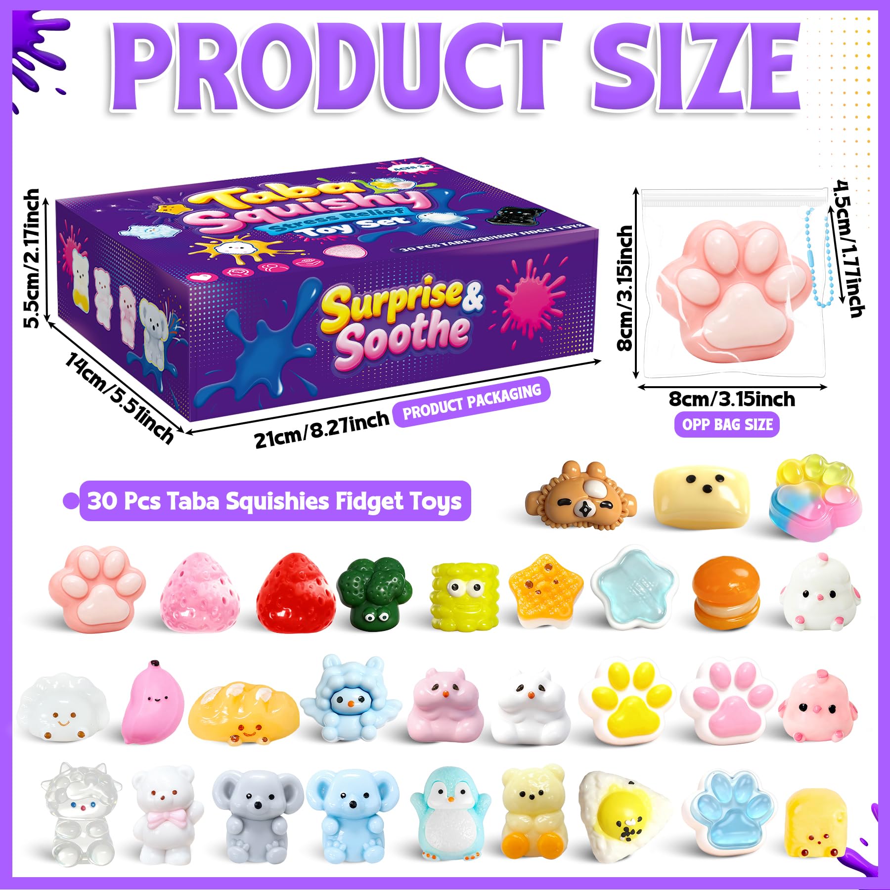 Tylices assorted squishies layout displaying variety, inspires party favor ideas