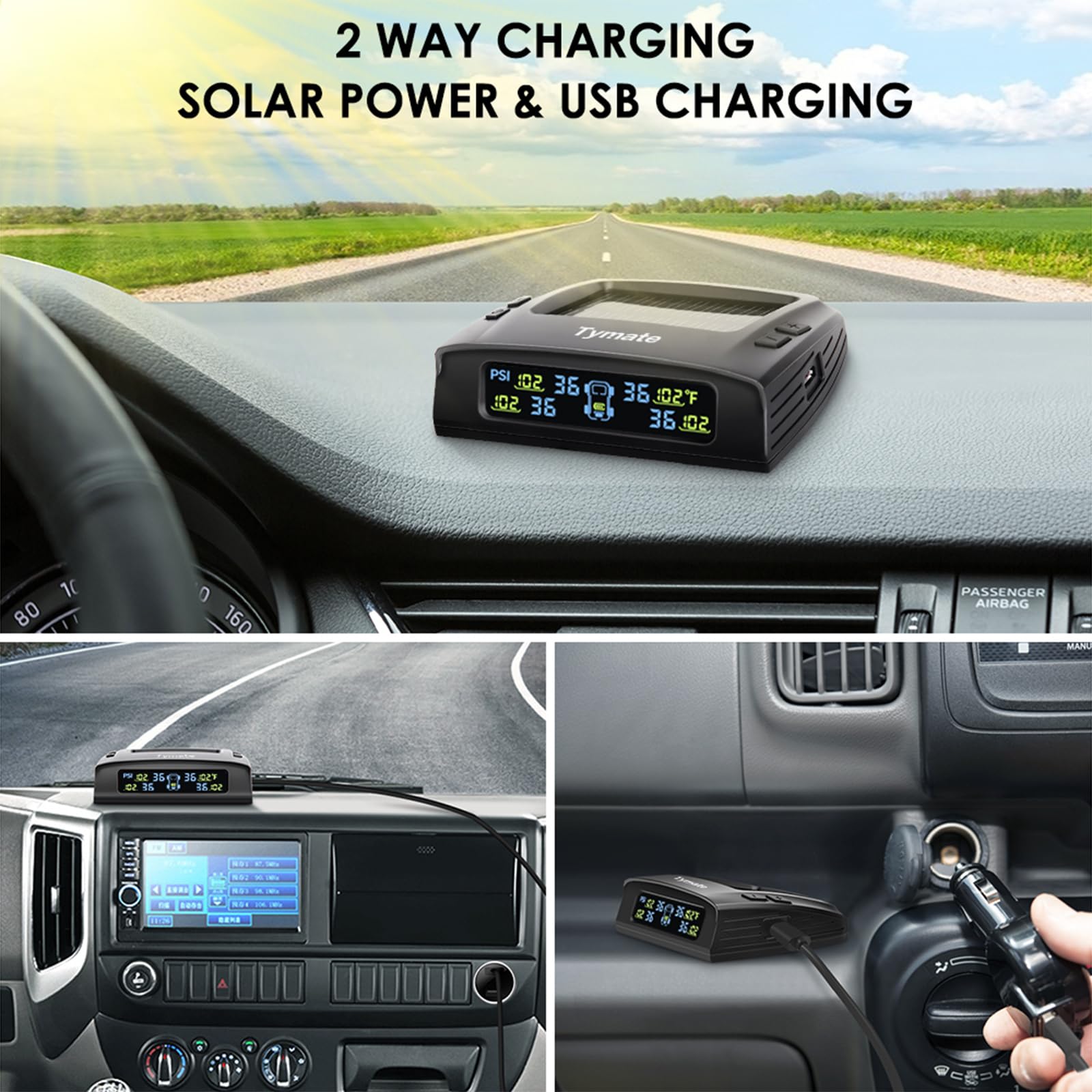 Tymate display installed in an RV cab giving real-time tire alerts for peace of mind