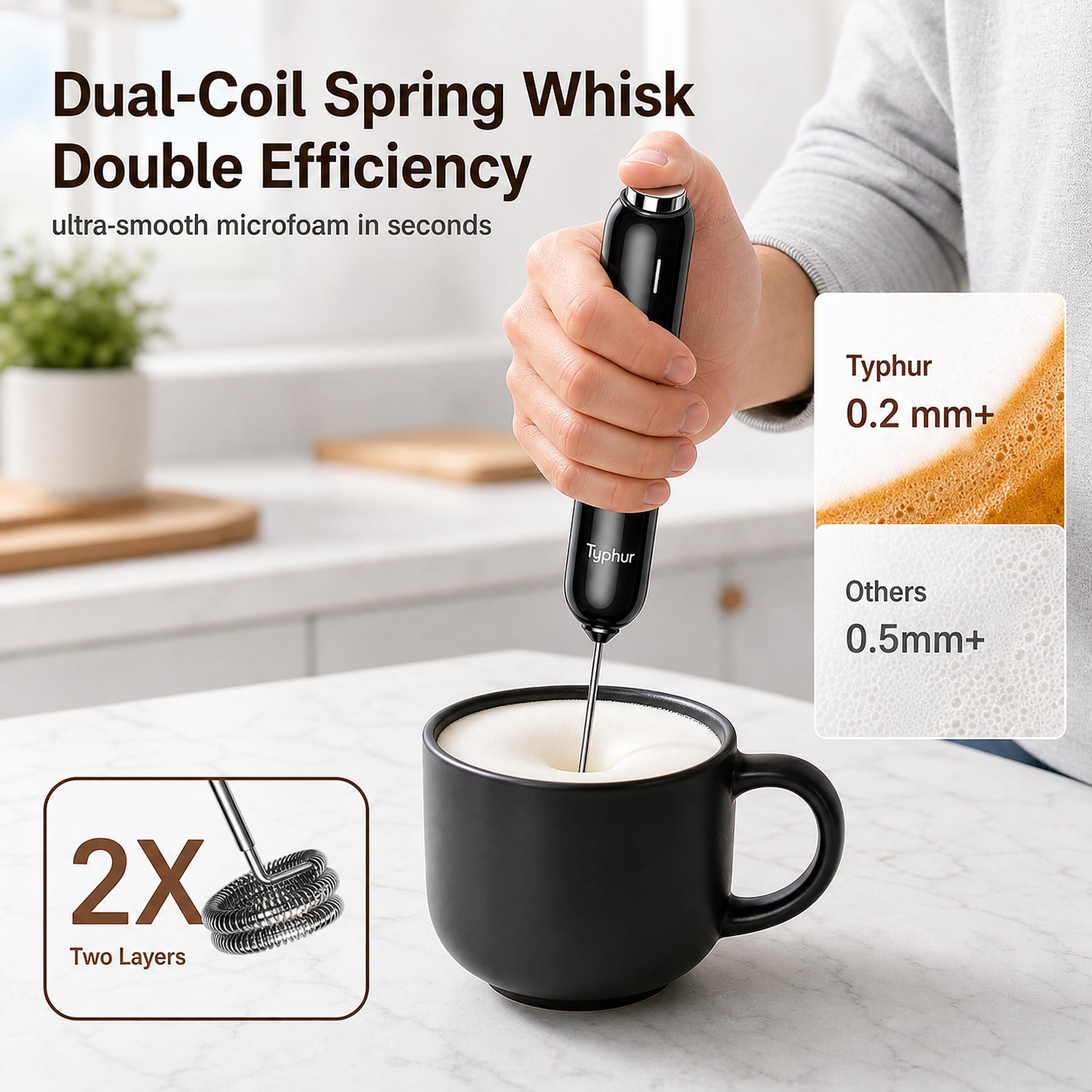 Typhur InstaWhisk frothing latte in cup demonstrating café-style foam benefit